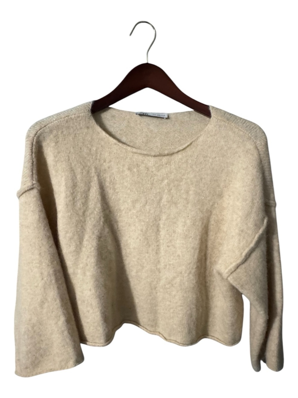 Zara Cream Oversized Cropped Knit Sweater Wool Blend Small